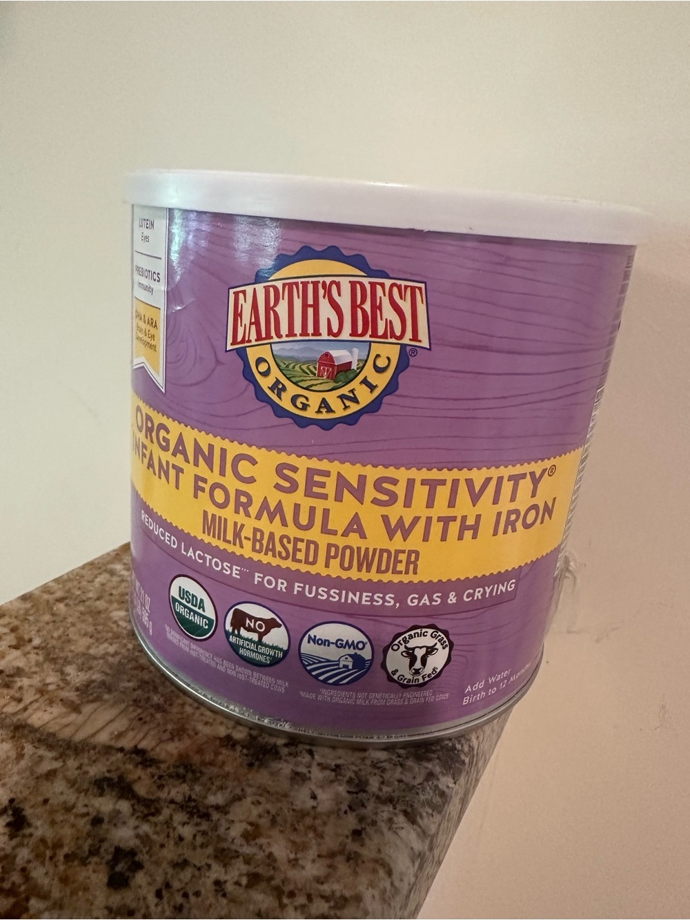 Empty metal purple color can tin Earths Best for upcycle 21oz with spoon